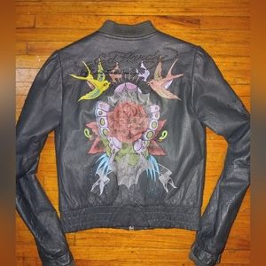 Ed Hardy Black Leather Jacket with Colorful Design